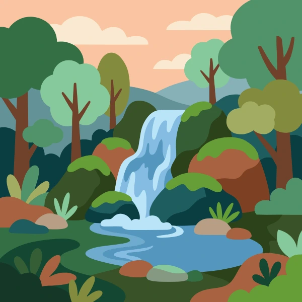 Forest Waterfall in Green Valley free printable jigsaw puzzle & coloring page