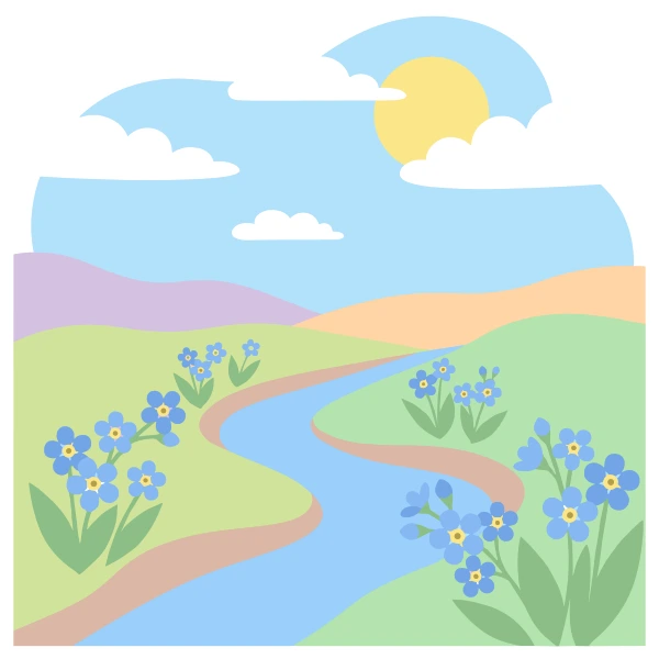Blue forget-me-not flowers on both banks of a winding stream with green rolling hills purple mountains and a yellow sun