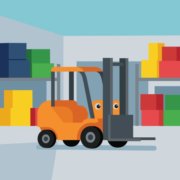Orange, gray, and red forklift inside a warehouse with pale walls, stacked boxes, and tall shelving.