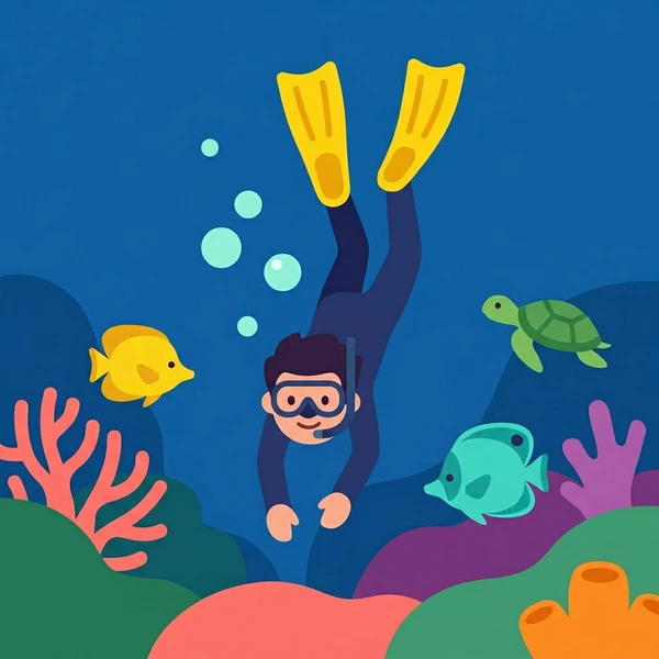 Freediver in a dark wetsuit with turquoise fins exploring deep blue ocean with yellow fish, coral reef, and a green sea turtle