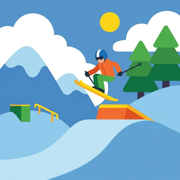 Freestyle skier in an orange jacket airborne over a yellow terrain park ramp with white snow, green trees, and blue sky
