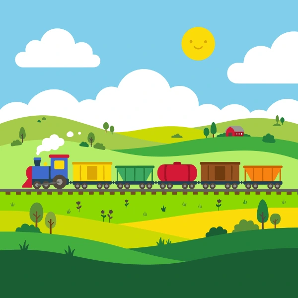 Grass green, earth brown, and mustard yellow freight train among trees, hills, or mountains with a winding path or river nearby.