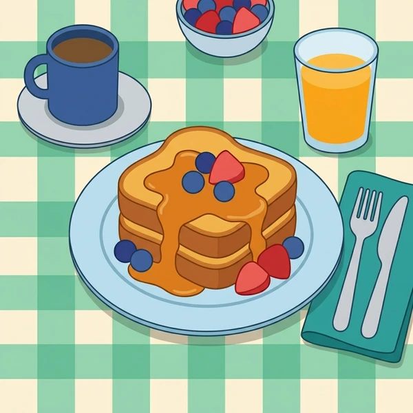 French Toast On Brunch Table displayed as a fresh food scene showing french toast slices, egg custard crust, powdered sugar, maple syrup, and brunch table