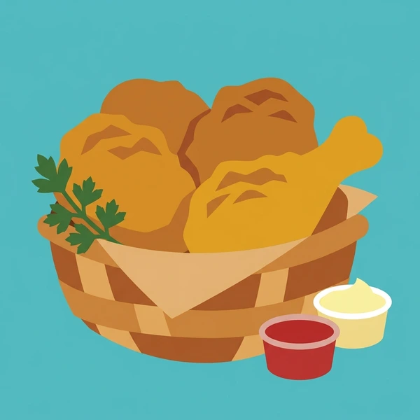 Fried Chicken In Basket displayed as a fresh food scene showing fried chicken pieces, crispy breaded crust, basket presentation, and dipping sauce