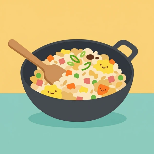 Fried Rice In Wok displayed as a fresh food scene showing fried rice, egg scramble, peas, soy sauce glaze, and wok cooking pan