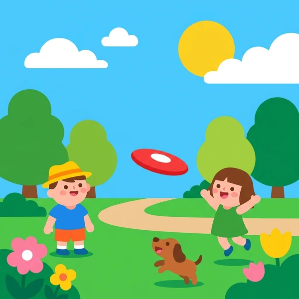 Two children playing frisbee in a sunny park, one throwing a red disc with trees, flowers, a yellow sun, and blue sky in the background