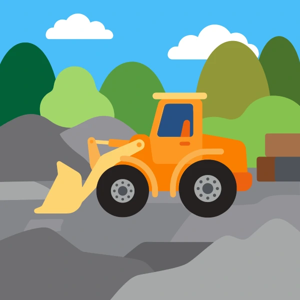 Orange front loader with a yellow bucket arm pushing through grey gravel piles in a yard, with green round trees and a bright blue sky behind.