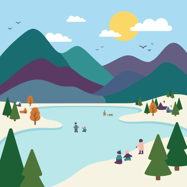 Frozen mountain lake with people playing in the snow, surrounded by colorful mountains and pine trees