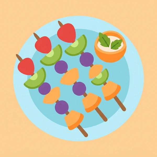 Fruit Kebabs On Platter displayed as a fresh food scene showing mixed fruit skewers, colorful fruit variety, platter presentation, and dipping sauce side