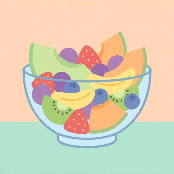 Fruit Salad In Glass Bowl displayed as a fresh food scene showing mixed fruit salad, glass bowl, fruit variety, and minty herb garnish