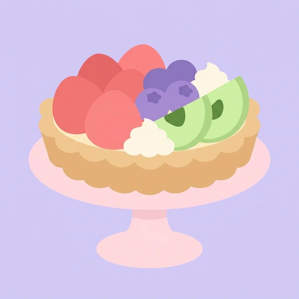 Fruit Tart On Stand displayed as a fresh food scene showing pastry tart shell, custard filling, arranged fresh fruit topping, and cake stand