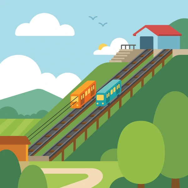 Funicular in leaf green, earth brown, and charcoal on steep slope, with light blue sky and grass green ground.