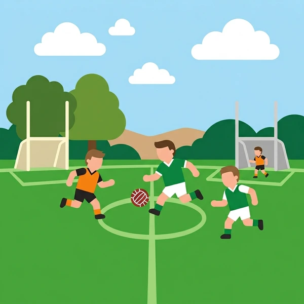 Multiple players in yellow and white uniforms competing for a ball on a large green grass Gaelic football pitch with H-shaped goal posts under blue sky