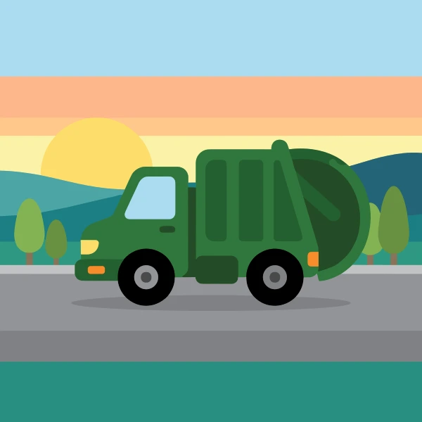 Forest green, charcoal, and sun yellow garbage truck set against layered sunrise or sunset bands with a low sun and dark silhouettes.
