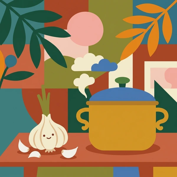 Garlic Beside Pasta Pot displayed as a fresh food scene showing garlic bulb, cloves, pasta pot, and aromatic cooking scene