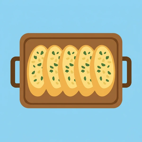 Garlic Bread On Tray displayed as a fresh food scene showing garlic bread slices, butter herb crust, toasted edge, and serving tray