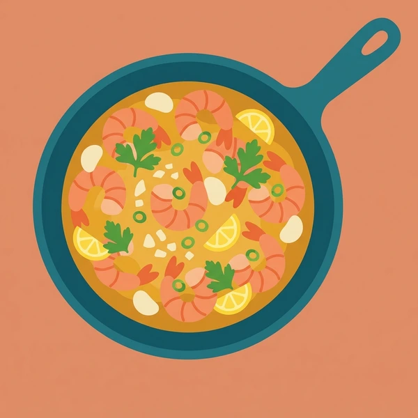 Garlic Shrimp Skillet displayed as a fresh food scene showing jumbo shrimp, garlic slices, butter herb sauce, and cast iron skillet