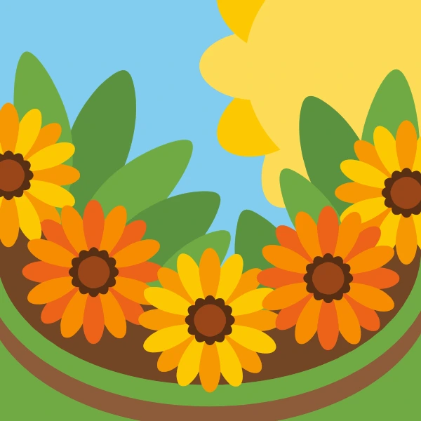 Row of orange and yellow gazania flowers with dark centers in a curved garden bed under a bright sun