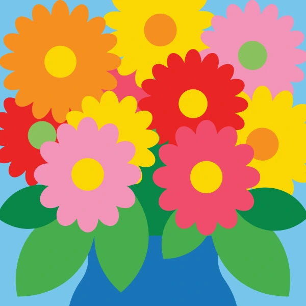 Large gerbera daisies in orange, red, yellow, and pink with bright yellow centers in a blue vase