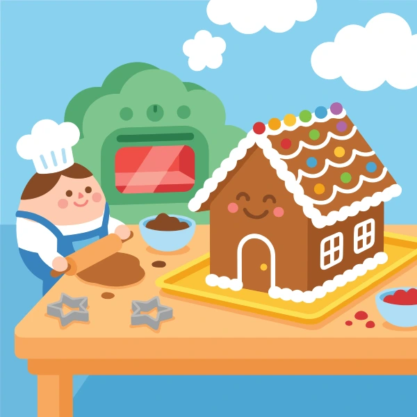 Child baker with chef hat rolling dough beside smiling gingerbread house on tray with candy decorations, green oven, and cookie cutters