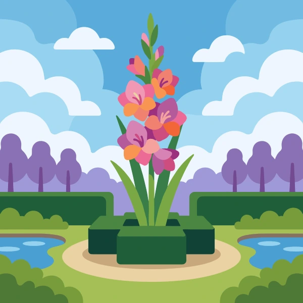 Tall pink orange and purple gladiolus spike centered in a formal garden with clipped hedges and blue ponds