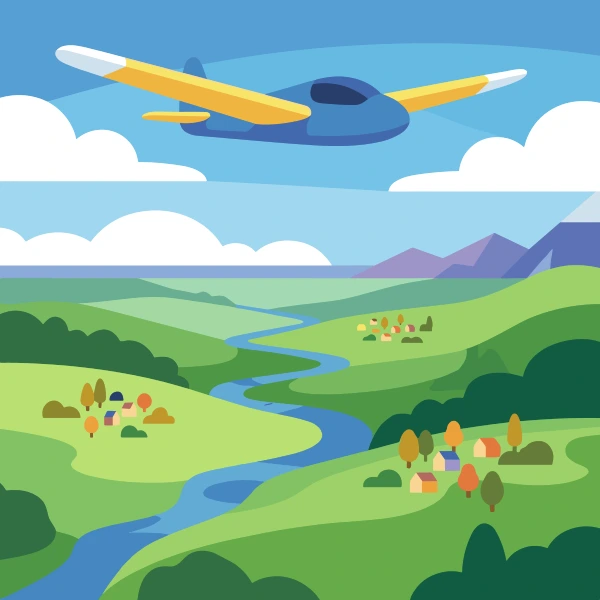 Light blue, white, and mint green glider among trees, hills, or mountains with a winding path or river nearby.