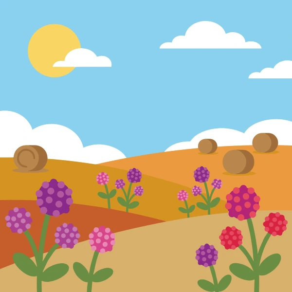 Purple and pink globe amaranth flowers on stems in a dry golden field with hay bales and a yellow sun