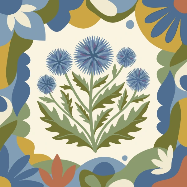 Spiky blue globe thistle flowers and jagged green leaves centered in a decorative folk-art patterned border