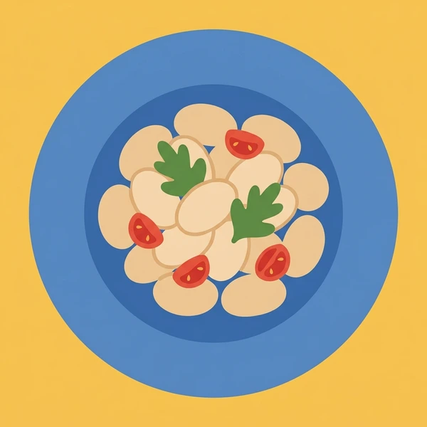 Gnocchi On Ceramic Plate displayed as a fresh food scene showing potato gnocchi dumplings, tomato sauce coating, parmesan shavings, and ceramic plate