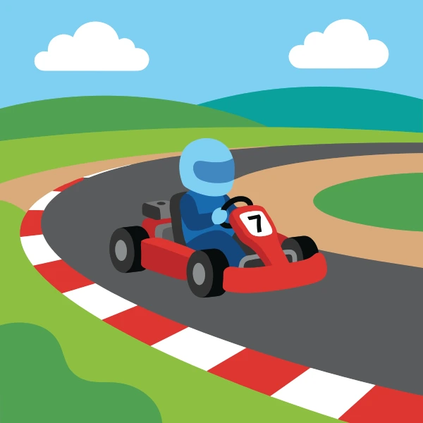 Go-kart in red, tan, and leaf green on race track, with sky blue sky and charcoal ground.