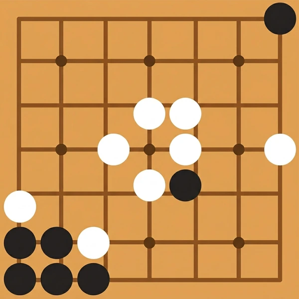 Black and white Go stones arranged on a golden tan wooden board with brown grid lines showing an active game in progress