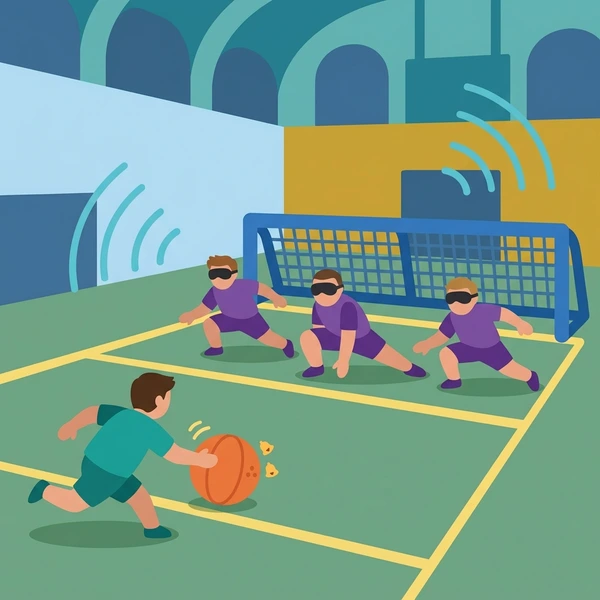Three blind athletes in purple uniforms defending a large blue net in an indoor sports hall with teal walls and sound wave effects