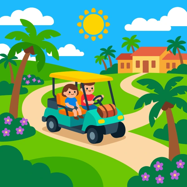 Golf cart in teal, mustard yellow, and charcoal on resort path, with turquoise sky and forest green ground.