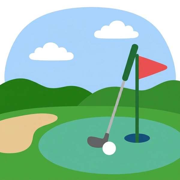 Gray golf club and white ball on a putting green near a red flagstick and hole with rolling green fairway and light blue sky