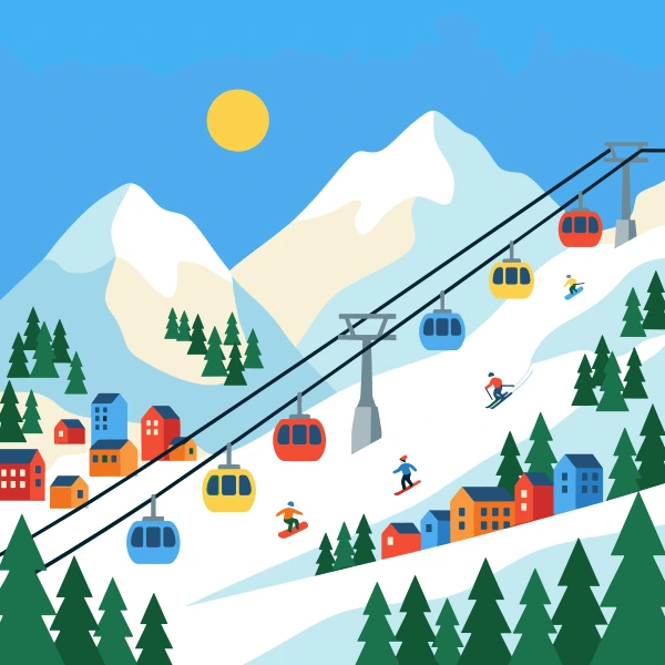 Powder blue, cream, and light blue gondola lift surrounded by white snow, blue shadows, pine trees, and cold mountains.