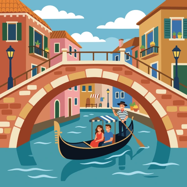 Coral, brown, and peach gondola gliding below a warm stone bridge with canal houses and teal water around it.