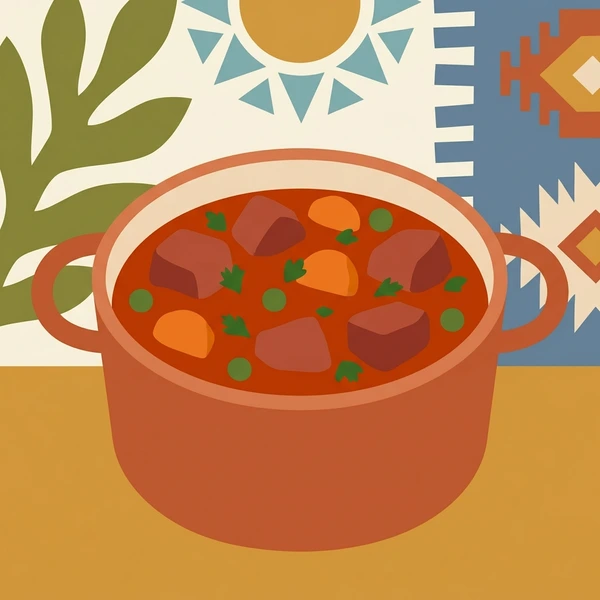 Goulash In Pot displayed as a fresh food scene showing goulash stew, paprika-spiced broth, beef chunks, potato, and rustic cooking pot