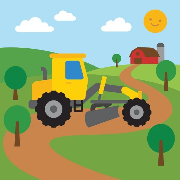 Grader on rural road with mustard yellow and charcoal body tones, black accents, and light blue background.