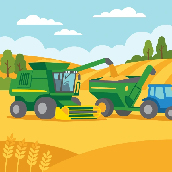 Grain cart beside combine, colored forest green, earth brown, and olive green, with light blue above and sun yellow below.