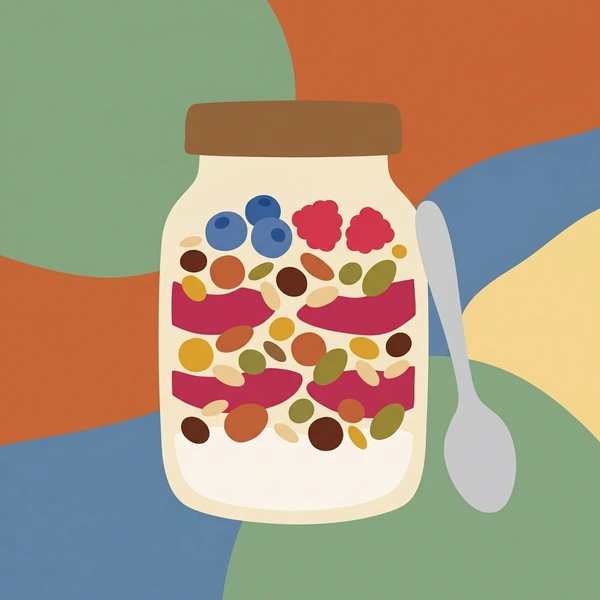 Granola In Breakfast Jar displayed as a fresh food scene showing granola clusters, honey layering, mason jar, and boho kitchen styling