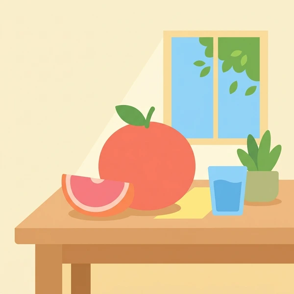 Grapefruit On Sunny Table displayed as a fresh food scene showing grapefruit halves, segment details, rind edge, and sunny breakfast table