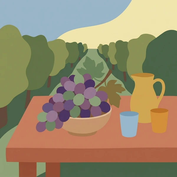 Grapes On Vineyard Table displayed as a fresh food scene showing grape clusters, vine leaves, wooden table, and vineyard styling