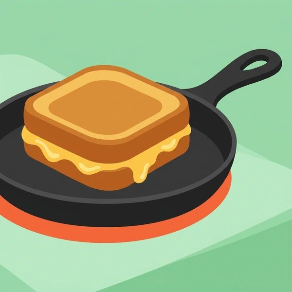 Grilled Cheese On Skillet displayed as a fresh food scene showing grilled cheese sandwich, melted cheese pull, buttered toast surface, and skillet pan