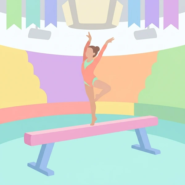 Young gymnast balancing on a pink balance beam with one leg extended under yellow spotlights in a light blue arena with purple supports and festival flags