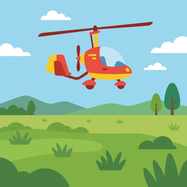 Leaf green, gray, and red gyrocopter among trees, hills, or mountains with a winding path or river nearby.