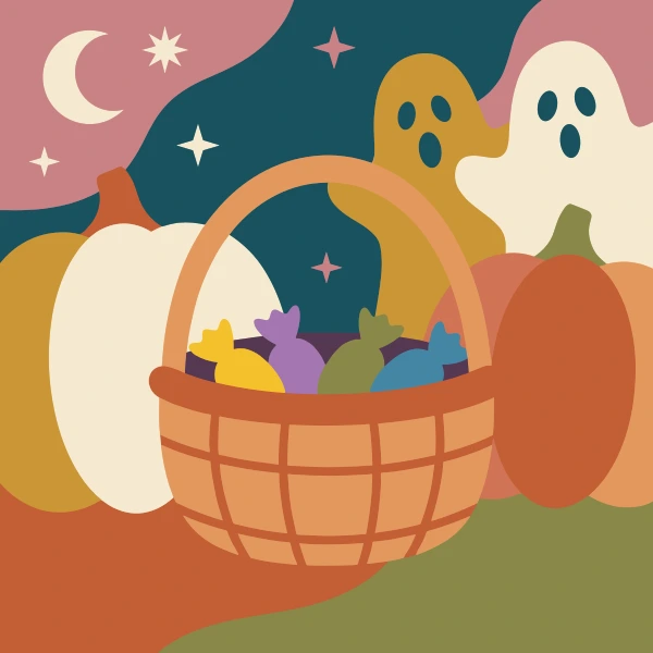 Woven basket full of colorful candy among pumpkins with two ghosts in background night sky with moon and stars warm autumn colors