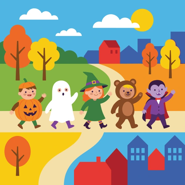 Halloween Costume Parade free printable jigsaw puzzle & coloring page