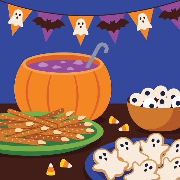 Halloween Party Snacks free printable jigsaw puzzle & coloring page