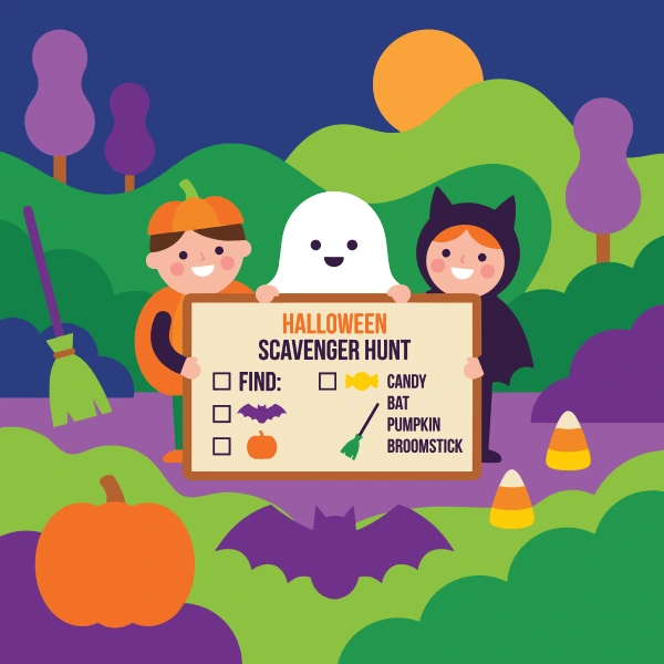 Three kids in pumpkin ghost and black cat costumes holding scavenger hunt checklist outdoors with pumpkins bat candy corn purple green trees