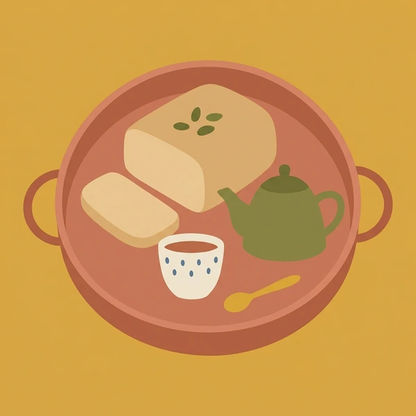 Halva On Tea Tray scene showing halva block, sesame texture, pistachio garnish, and traditional tea tray in a food coloring puzzle